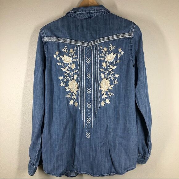 Driftwood Auger Falls Floral Embroidered Chambray Denim Button Up Shirt Small - Picture 5 of 7
